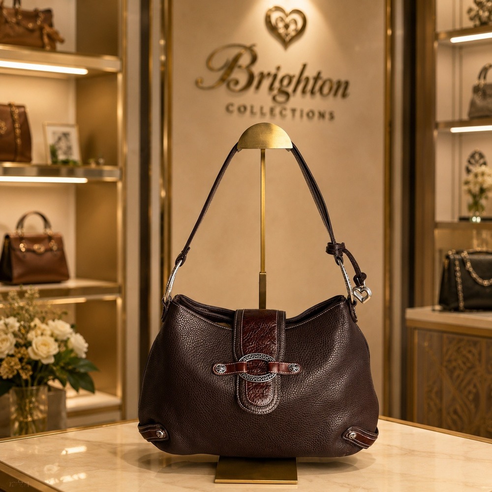 Brighton Western Pebbled Leather Shoulder Bag Brown Silver Heart Charm Vintage